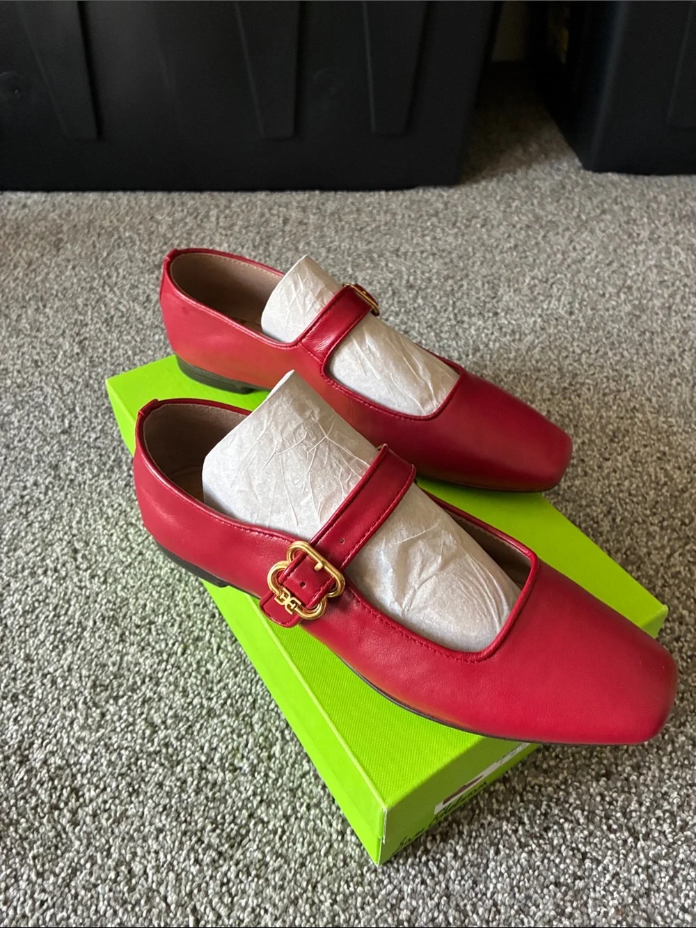Sam Edelman Red Leather Mary Jane Flats with Gold Buckle